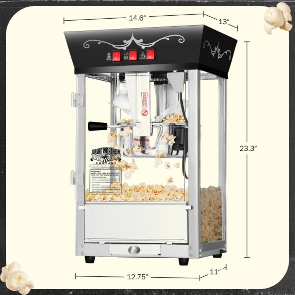 Matinee Popcorn Machine - 8oz Popper with Stainless-Steel Kettle, Reject Kernel Tray, Warming Light, and Accessories by Great Northern Popcorn (Black)