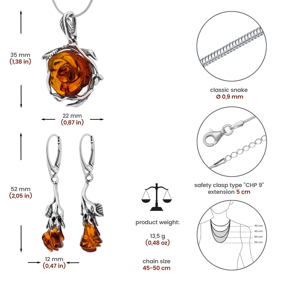 AMBEDORA Women's Jewellery Set Amber 060B, Oxidised Sterling Silver, Hand Carved Amber Roses in Cognac Colour, Silver Pendant on Chain and Earrings