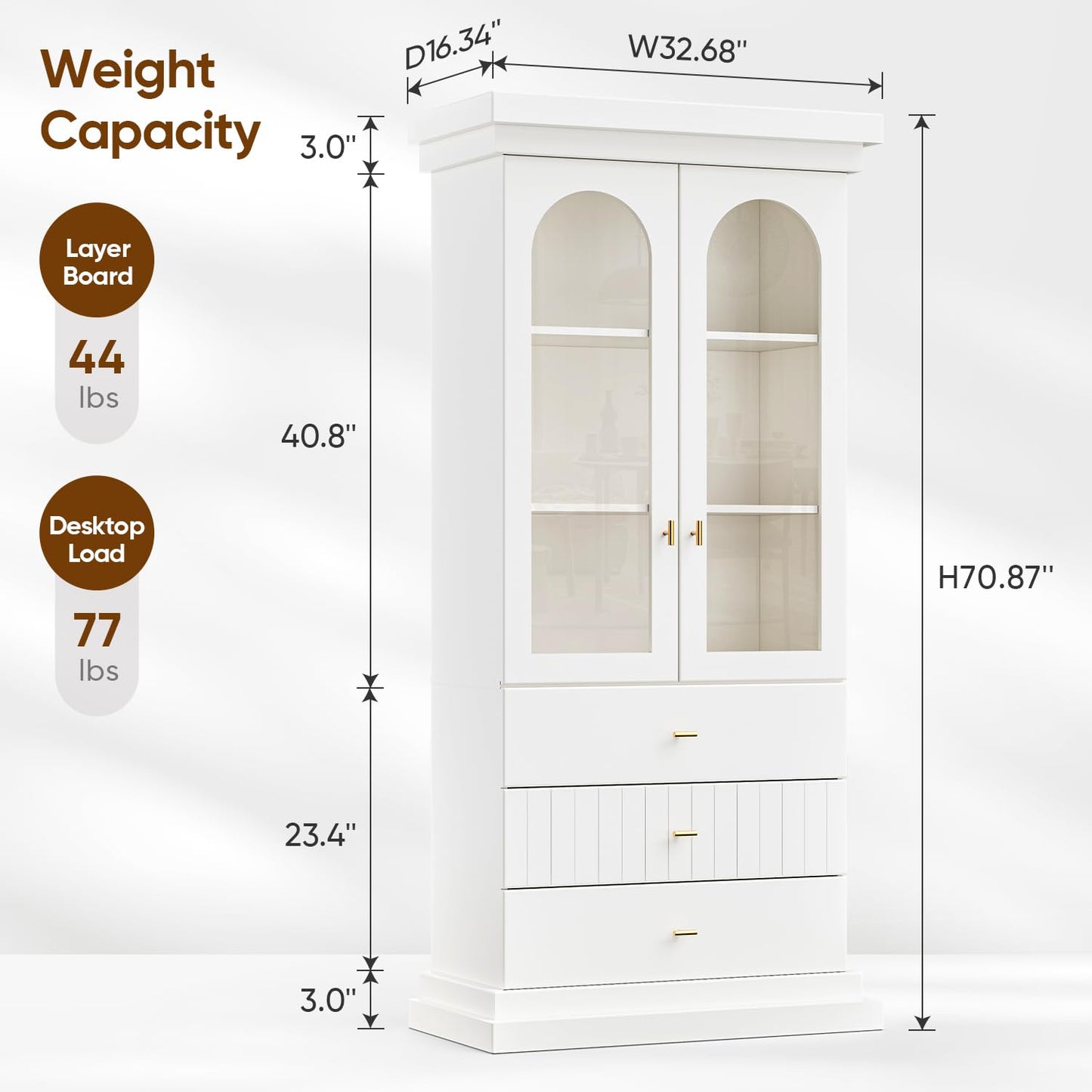 Myricore 71" Arched Kitchen Cabinet, Double Glass Door Display and Storage Cabinets with Drawers, Modern Pantry for Dining Room, Living Room, White with Gold Handles, 2 of Set