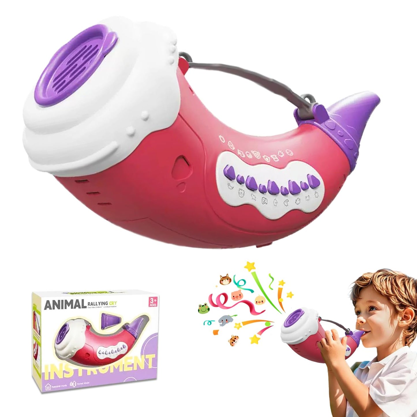WDBZHYF Toys for 3 Years Old Boy Girl Birthday Gift, Music Animal Caller Toy with 30 Realistic Animal Sounds, Early Learning Toy for Kids Todlers with 8" Horn and 3-Level Lights (Crimson - Horn)