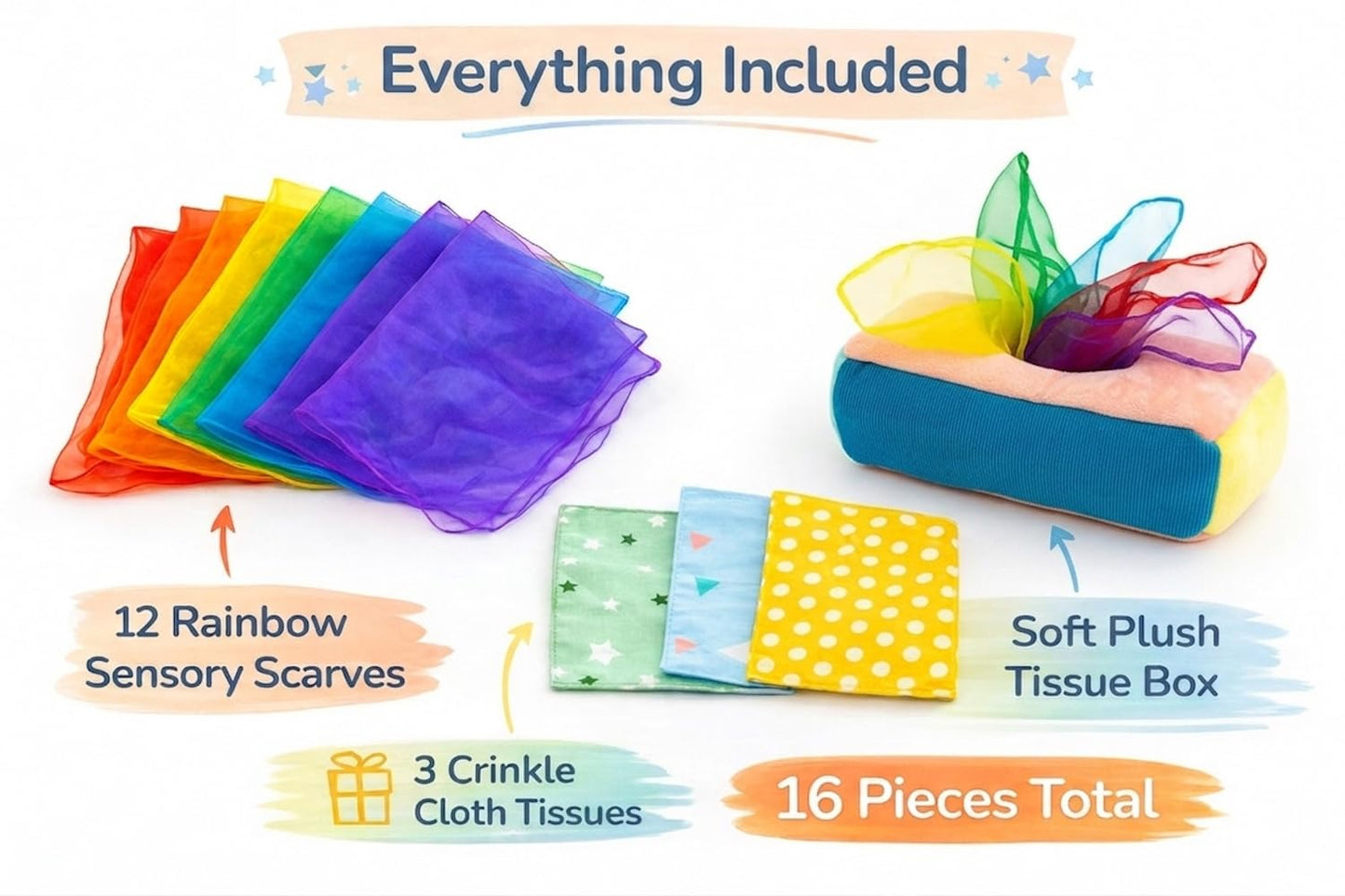 Baby Tissue Box Toy - Montessori Play for Infants and Toddlers - Sensory Textured Box with 12pcs Matching Colorful Scarves and 3pcs Crinkle Paper