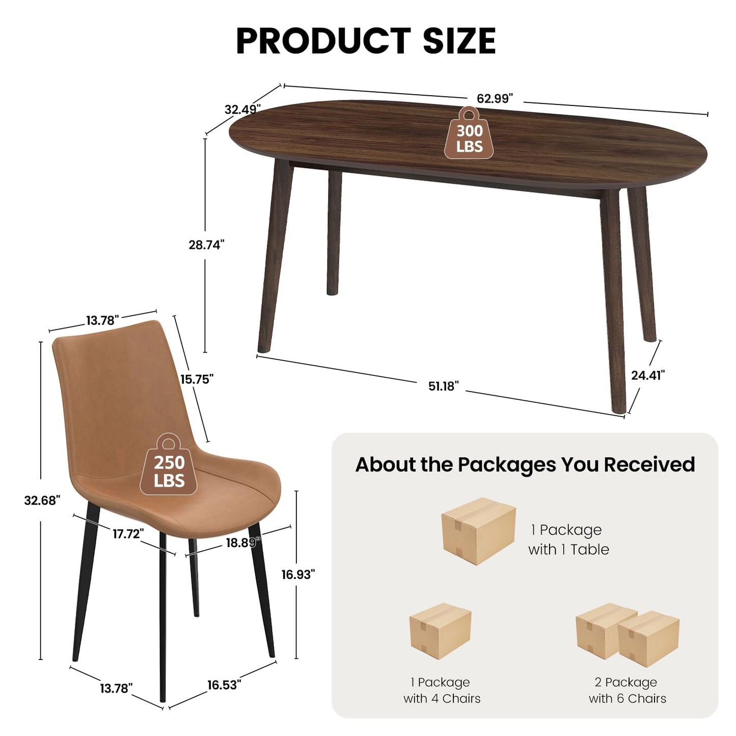 domusdisn 63" Oval Dining Table Set for 4, 5 Piece Modern Dining Table Set for Kitchen and Dining Room Furniture, Solid Wood Legs Dining Table with 4 PU Leather Chairs（Walnut Table+4 Brown Chairs