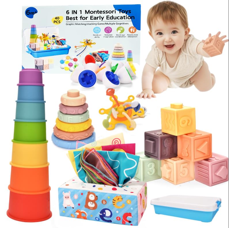Baby Toys 6-12 Months,Montessori Toys for 6-9-12 Month old,6-in-1 Sensory Toys Stacking Cups Building Blocks,Teething Pull String,Tissue Box Toys for Babies 6-9-12,18-24 Months,1-3 Year old Baby Gifts