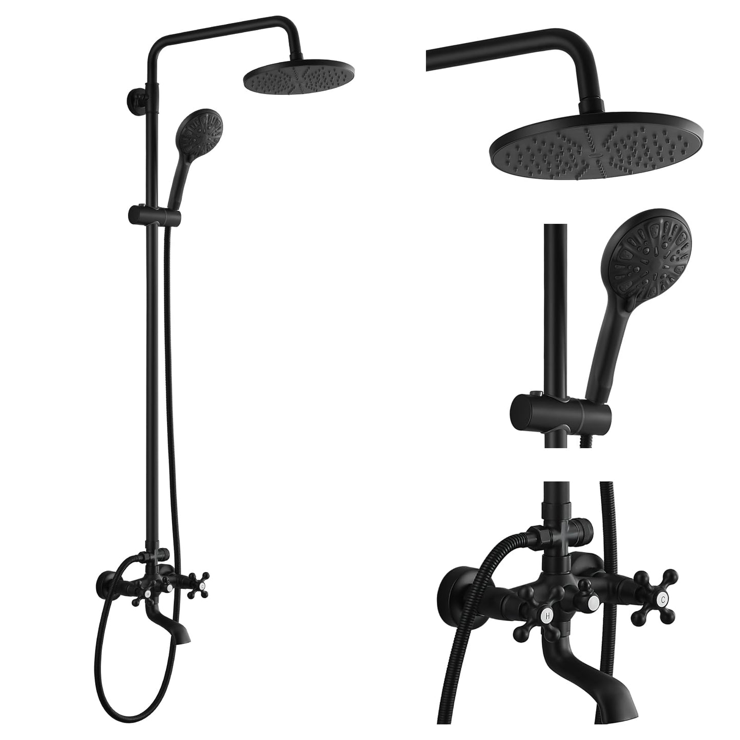 gotonovo Exposed Shower Faucet Set 8 Inch Rainfall Showerhead 3-Function Shower Fixture with Tub Spout 2 Corss Handles Shower System, Matte Black
