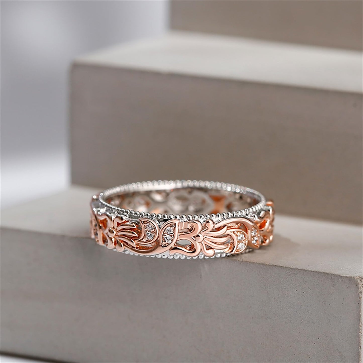 Jeulia Floral Ring Band Sterling Silver Two Tone Leaf Carved Vintage Unique Hollow Flower Rose Gold Jewelry Engagement Wedding Bridal Sets Stackable Anniversary Promise with Gift Box (Floral, 10.5)