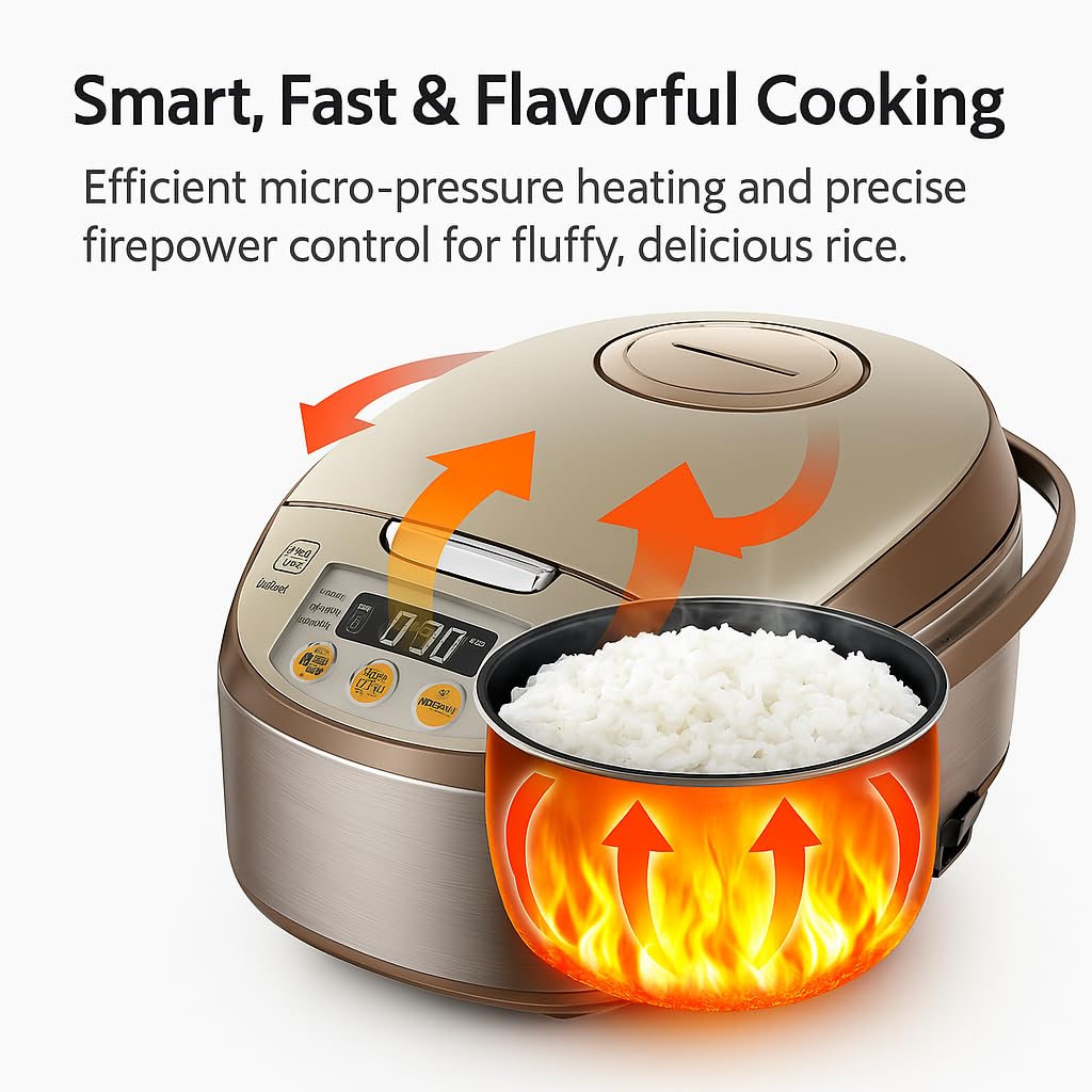 Midea Micom Rice Cooker, Digital Multi-Functional Ricer Cooker/Steamer, Brown Rice, Slow Cooker (3L/5.5Cup, Champange) MB-FS3017