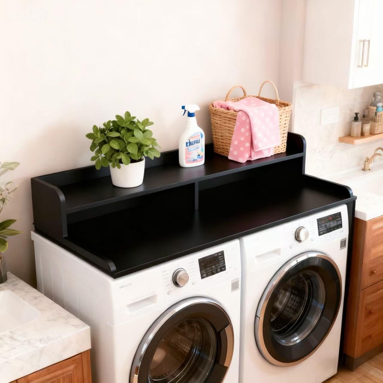 NAT MEYA 2-Tier Washer and Dryer Countertop, 54" W x 27.6" D Laundry Room Organization,Washer Dryer Topper Storage for Folding Clothes Over Washer and Dryer-Black