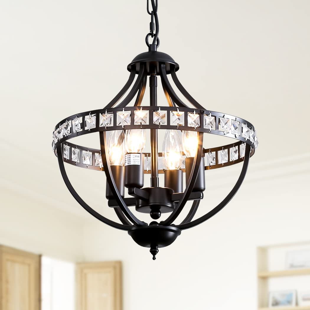 Lanpesting Crystal Chandelier Light Fixtures, 4-Lights Farmhouse Rustic Vintage Black Pendant Hanging Lighting Ceiling Chandeliers for Kitchen Island Dining Room Living Room Bedroom Foyer Hallway