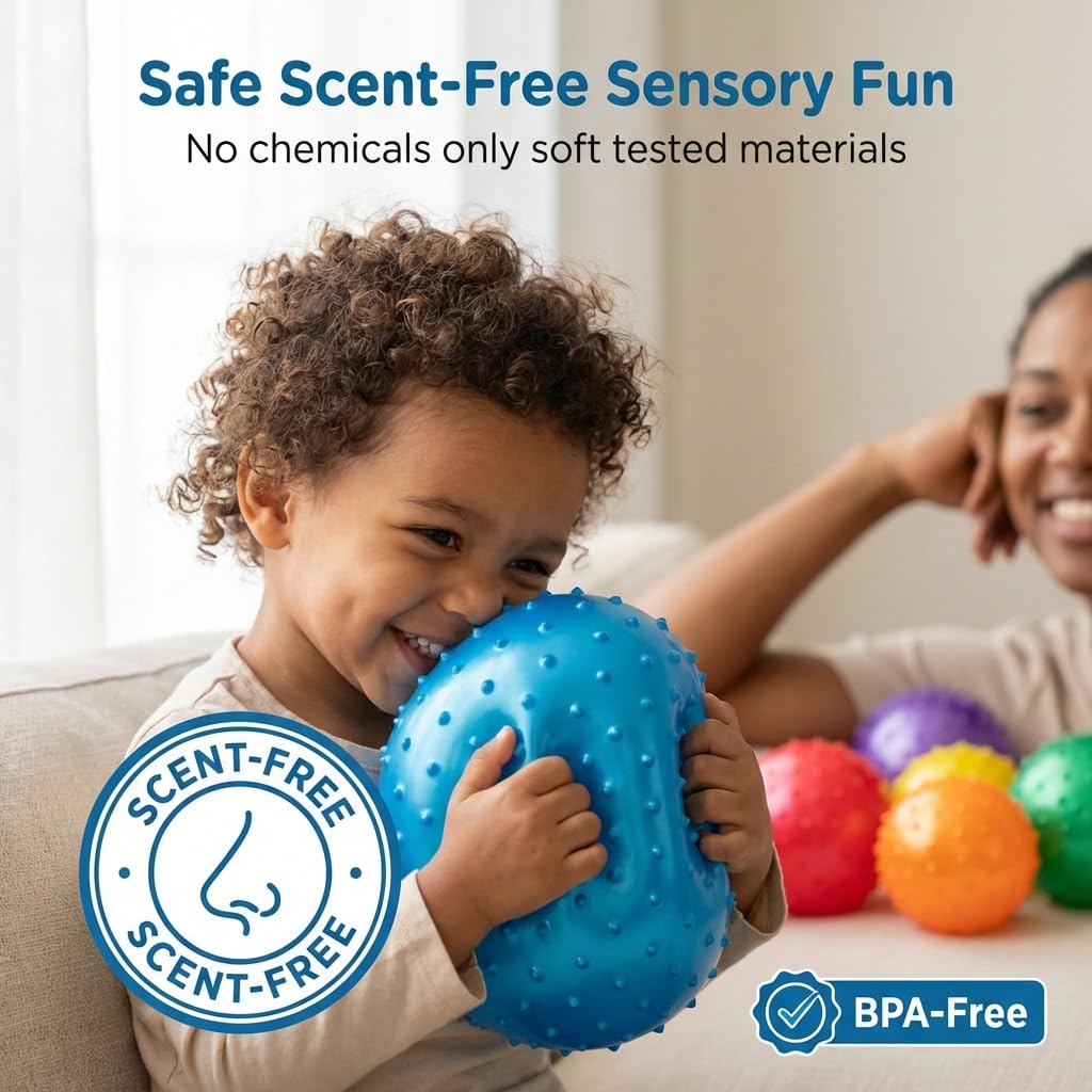 Bedwina Knobby Balls - (Pack of 6) Bulk 7 Inch Sensory and Spiky Massage Stress Balls for Toddlers, with Pump, Fun & Bouncy for Toddler, Kids Party Favors, Stocking Stuffers