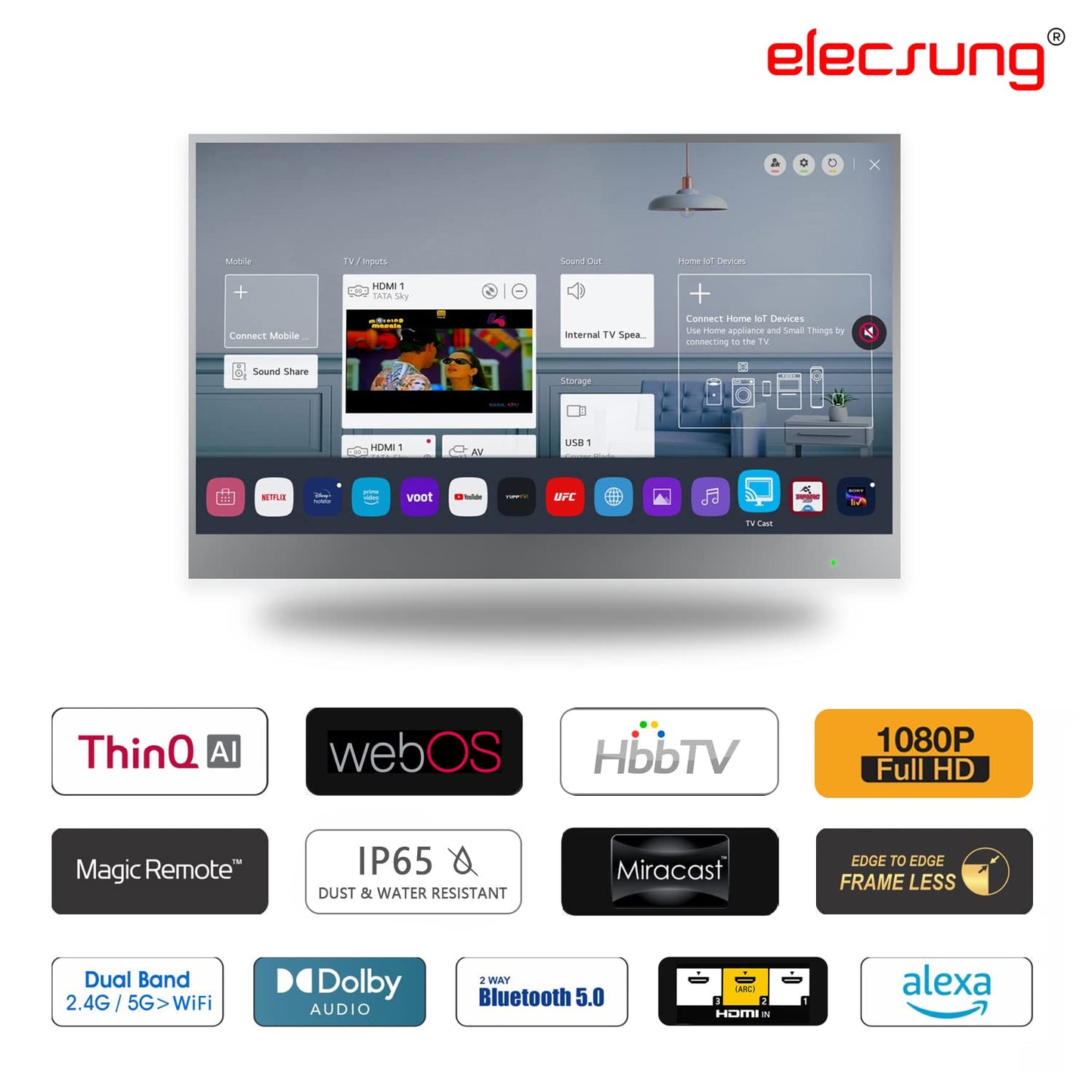 elecsung 22inch Smart Mirror Bathroom TV webOS 1080P Waterproof with Integrated HDTV(ATSC) Tuner, Built-in Alexa, Speakers, Wi-Fi and Bluetooth,SS215U22-A016 Model 2025