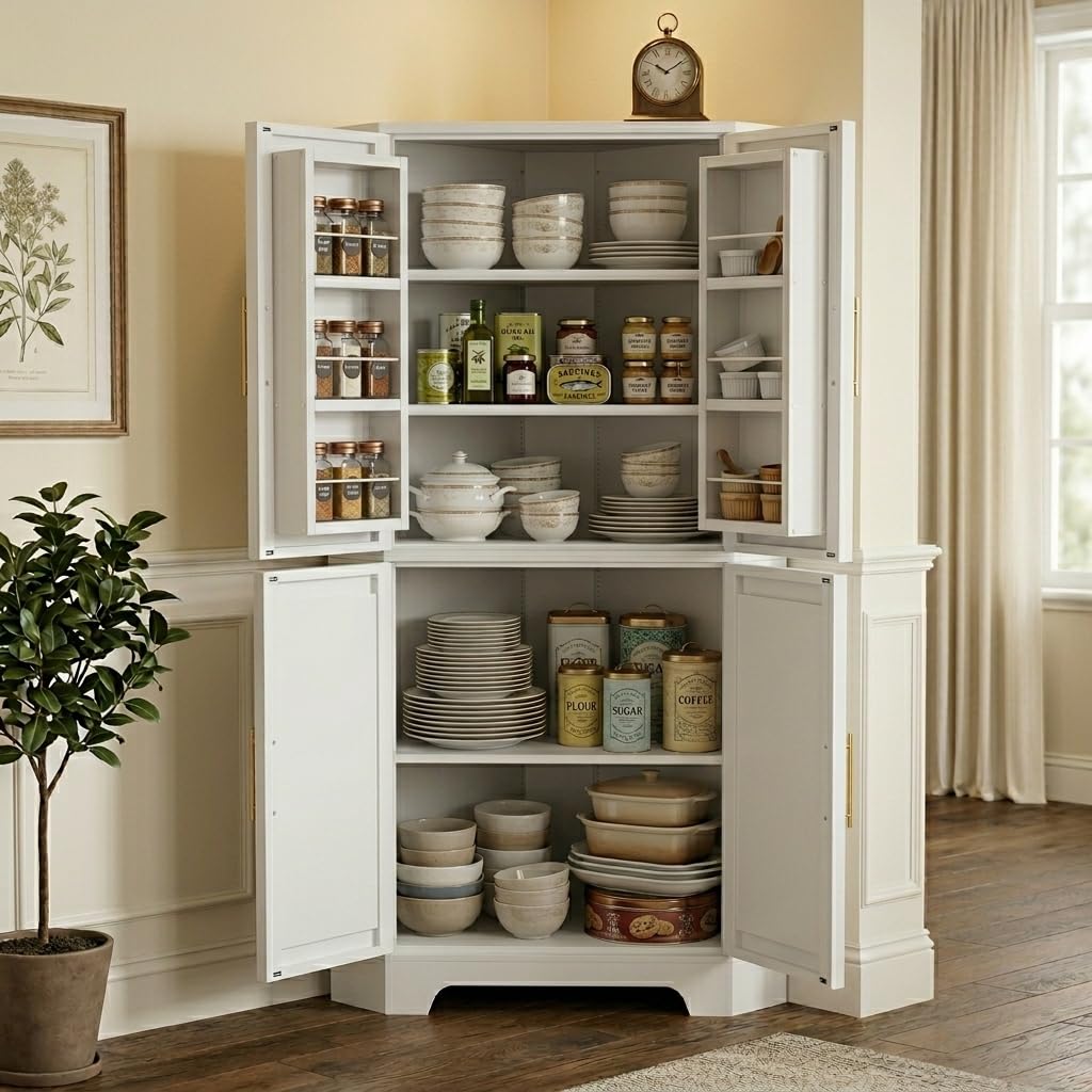 AUN Corner Cabinet, Kitchen Pantry Storage Cabinet with Adjustable Shelves & Spice Rack, Tall Freestanding Corner Pantry with Shaker Doors & Gold Handles for Kitchen, Bathroom, Living Room (White)