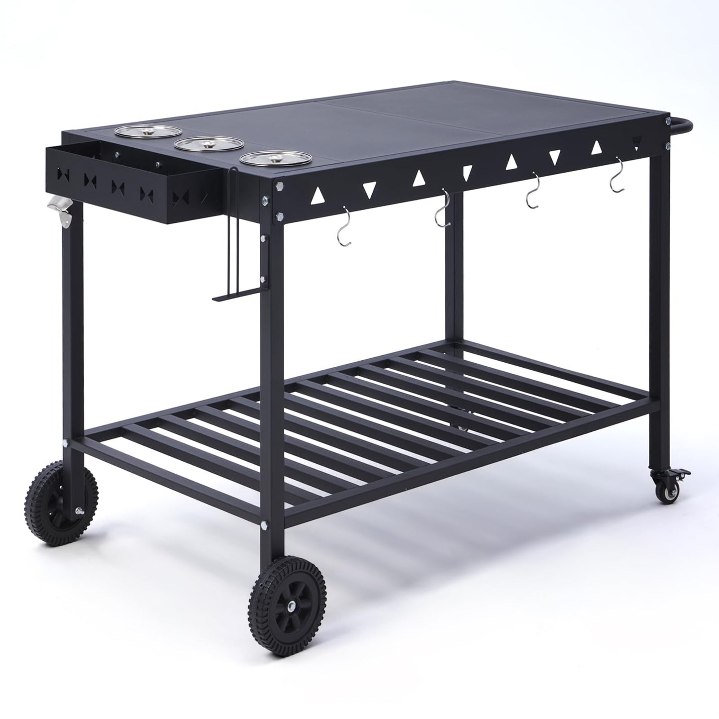 GVGBUK Portable Outdoor Grill Table with Wheels, Heavy-Duty Griddle Stand Grill Cart with Shelves,Towel Holder, Spice Pots & Bottle Opener, Multi-Functional BBQ Prep Station & Utility Cart