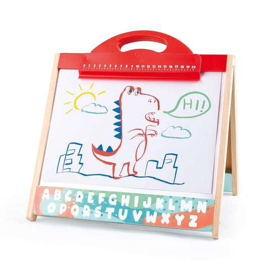 Hape 3 in 1 Tabletop 2 Sided Standing Artwork Easel Blackboard and Magnetic Erasable Whiteboard w/ 10 Chalk Colors & 2 Marker Pens, for Ages 3 and Up