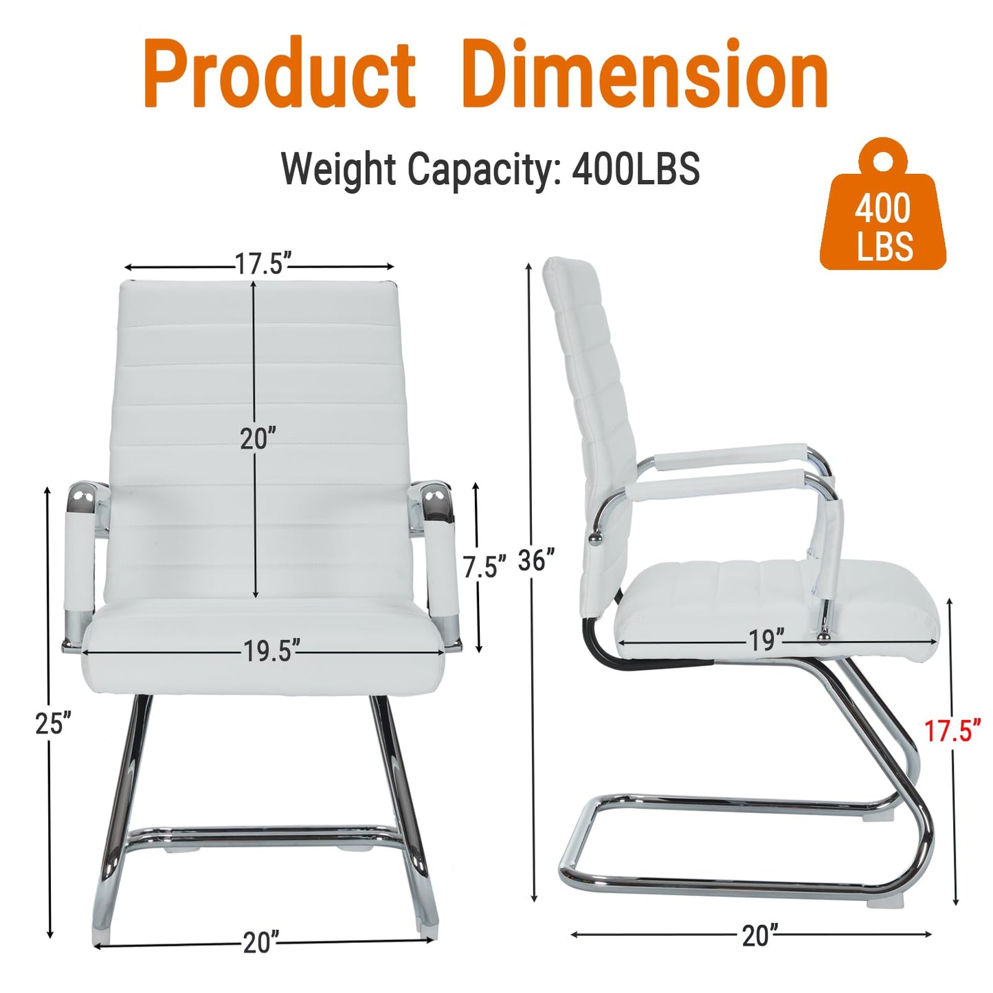 Sidanli Desk Chair No Wheels, Leather Guest Chair with Mid Back Ergonomic Support & Sled Base for Office Reception Conference Room, 2 Pack, White