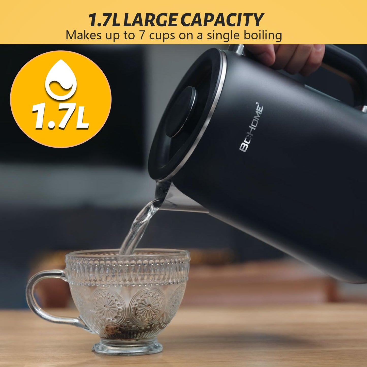 BOHOME Electric Kettle, 1.7L/1200W, Stainless Steel, Adjustable Temperature, Memory Function, Auto Shut-Off, Boil Dry Protection, SUS304
