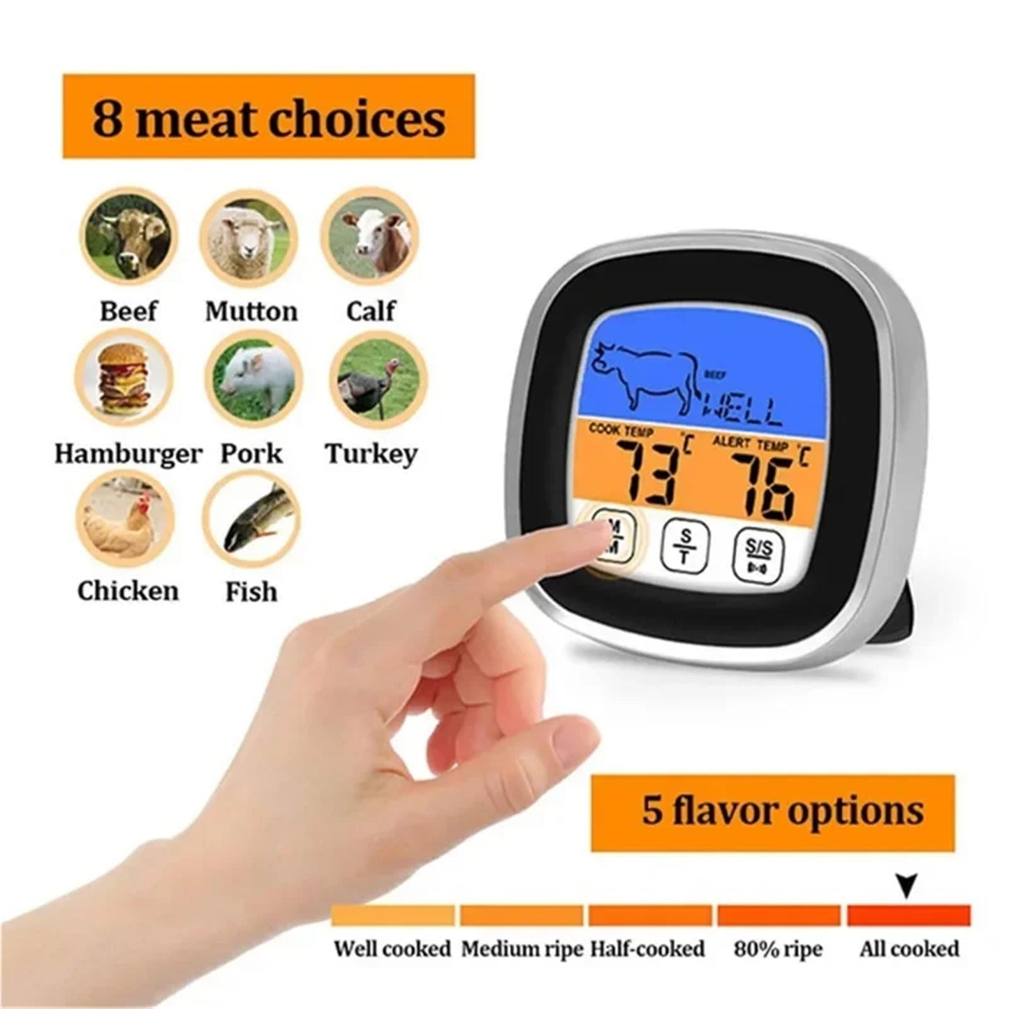 Digital Meat Thermometer for Oven Remote Read LCD Digital Food Thermometer Meat Probe Kitchen Cooking BBQ(White)