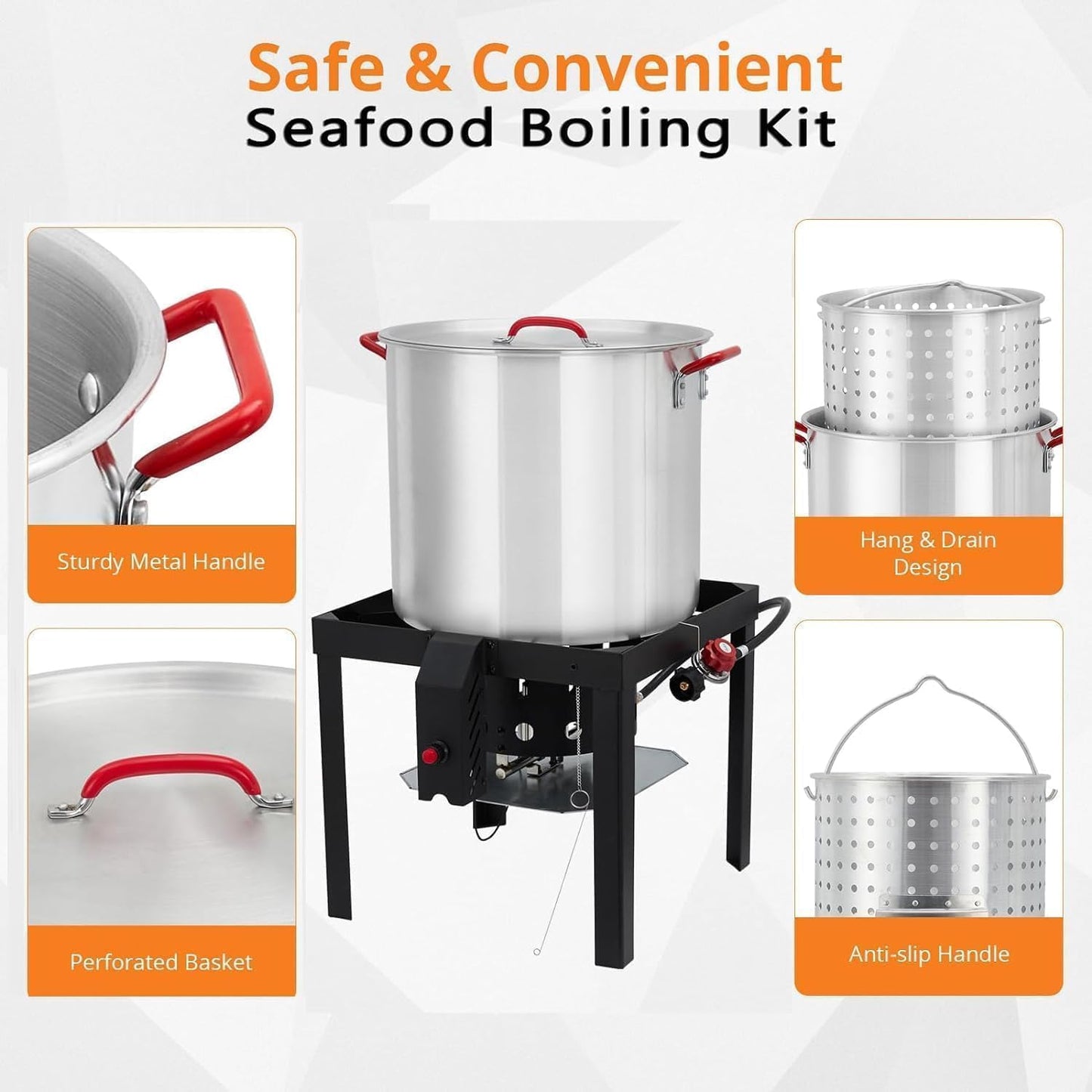 80-Quart Aluminum Seafood Boil Pot Kit with Steam/Boil Basket & Strainer, 110,000 BTU Propane Jet Burner & Lifting Hook, 10 PSI Regulator, Outdoor Crawfish, Shrimp, Crab Boiler and Fryer Combo