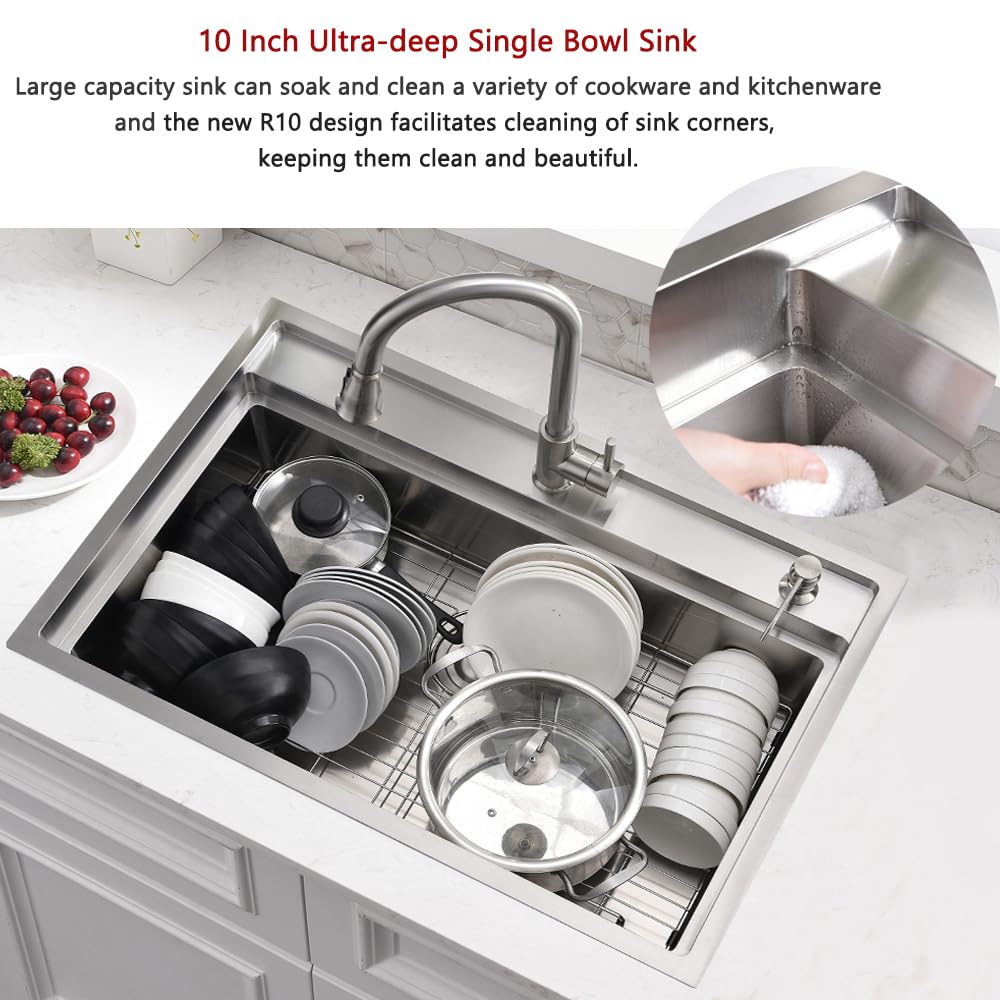 WMXQX 33 Inch Drop In Kitchen Sink Splash Guard Workstation, 33x19 Kitchen Sink Drop In Stainless Steel Top Mount Sinks 16 Gauge Rounded Corner Single Bowl 10" Deep Basin with Cutting Board