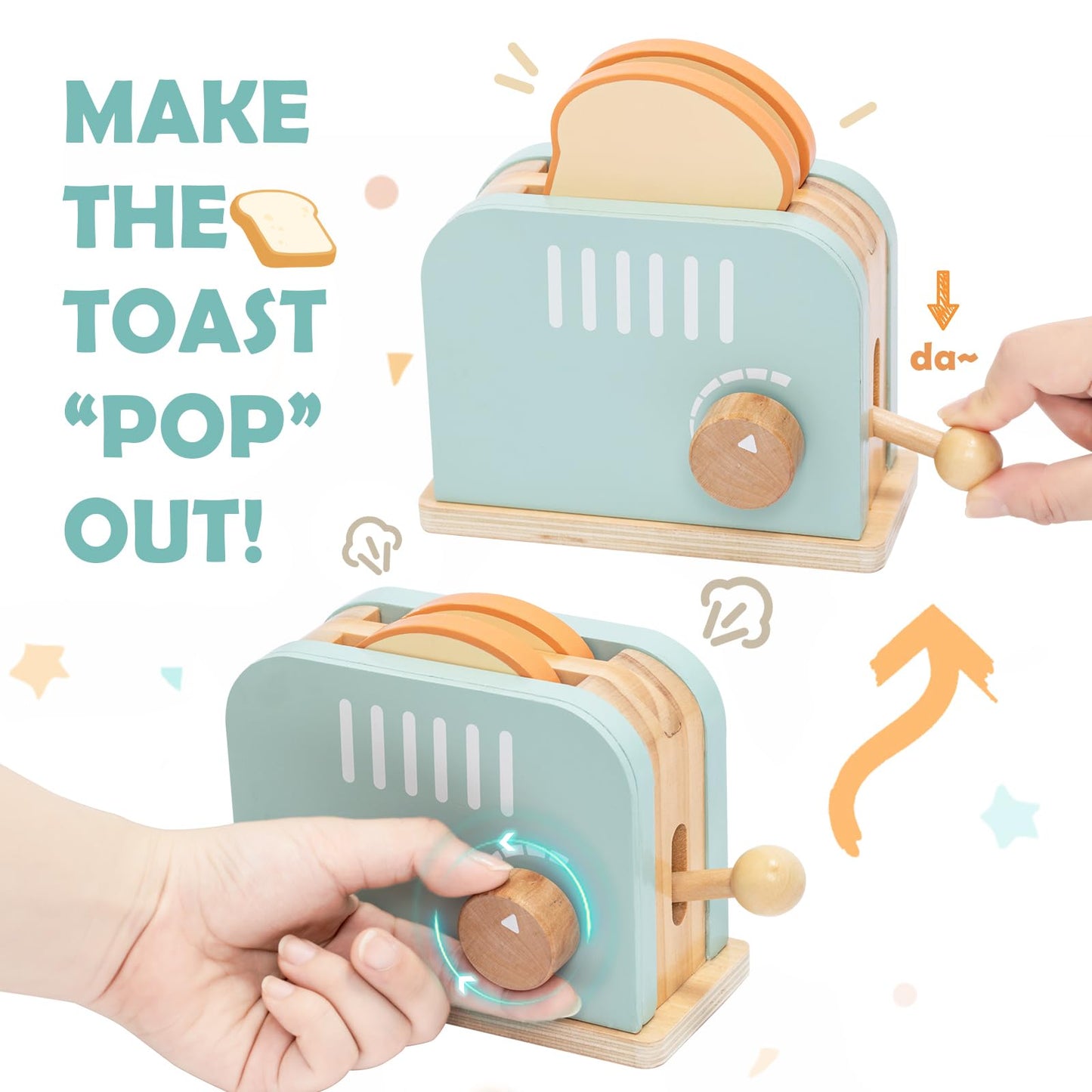 JugueteLand Wooden Pop up Toaster Play Kitchen Set, 17PCS Play Food Accessories for Toddlers Early Learning,Pretend Play Breakfast Playset, Toys Gift for Toddlers Girls & Boys