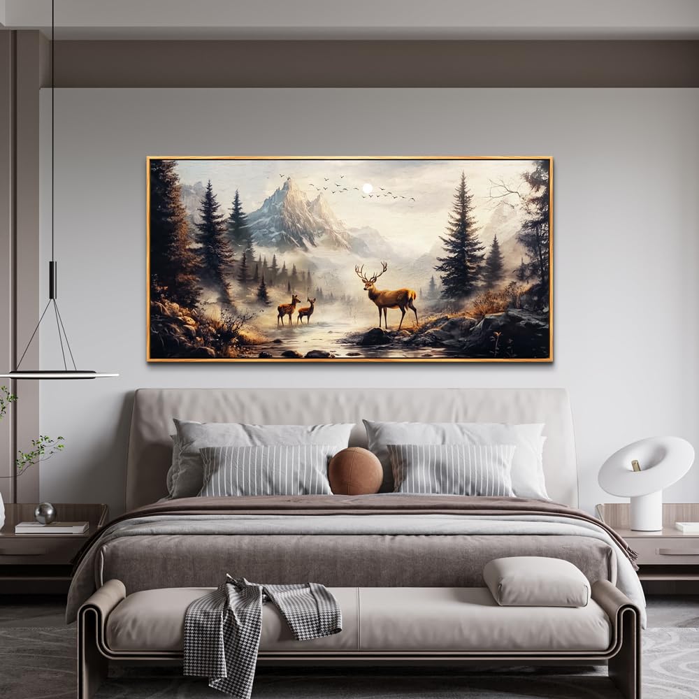 KELIYUAN Large Canvas Wall Decor For Living Room Wall Art For Bedroom Office Murals Landscape Painting Of Elk Mountain Wall Pictures Restaurant Room Modern Home Decoration Wood Framed 24"X48"