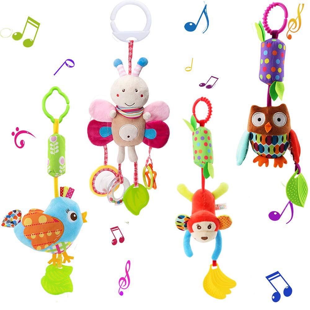 Sealive 4 Piece Baby Stroller Sensory Musical Toys, Soft Rattles Hanging Plush Activity Crib Car Seat Toys for Babies Boy Girl