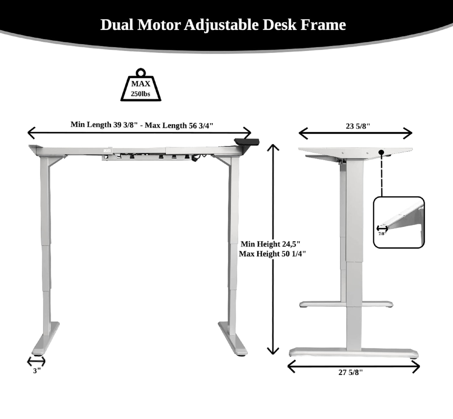 ErgoMax Dual Motor Electric Standing Desk Frame, Height Adjustable Sit Stand Desk Base 24.5”–50”, 3 Memory Controller, Heavy Duty Steel Frame 225 lbs, Black (Tabletop Not Included)