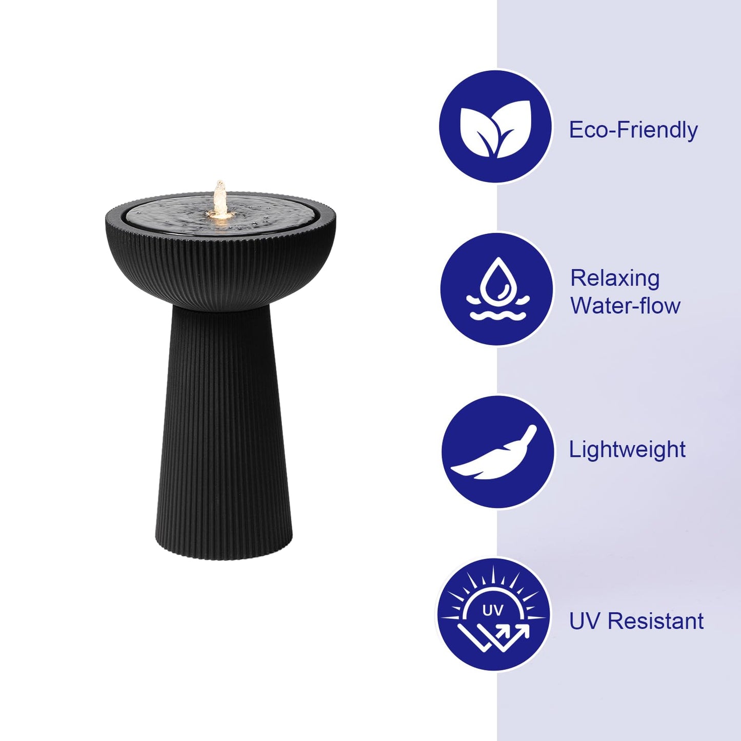 Puulye 23.23" H Outdoor Water Fountain Made with Eco-Friendly Recyclable Materials, Polyethylene Bird Bath Bubbler Water Fountain Outdoor, Garden Decor with LED Light & Pump for Patio (Black)