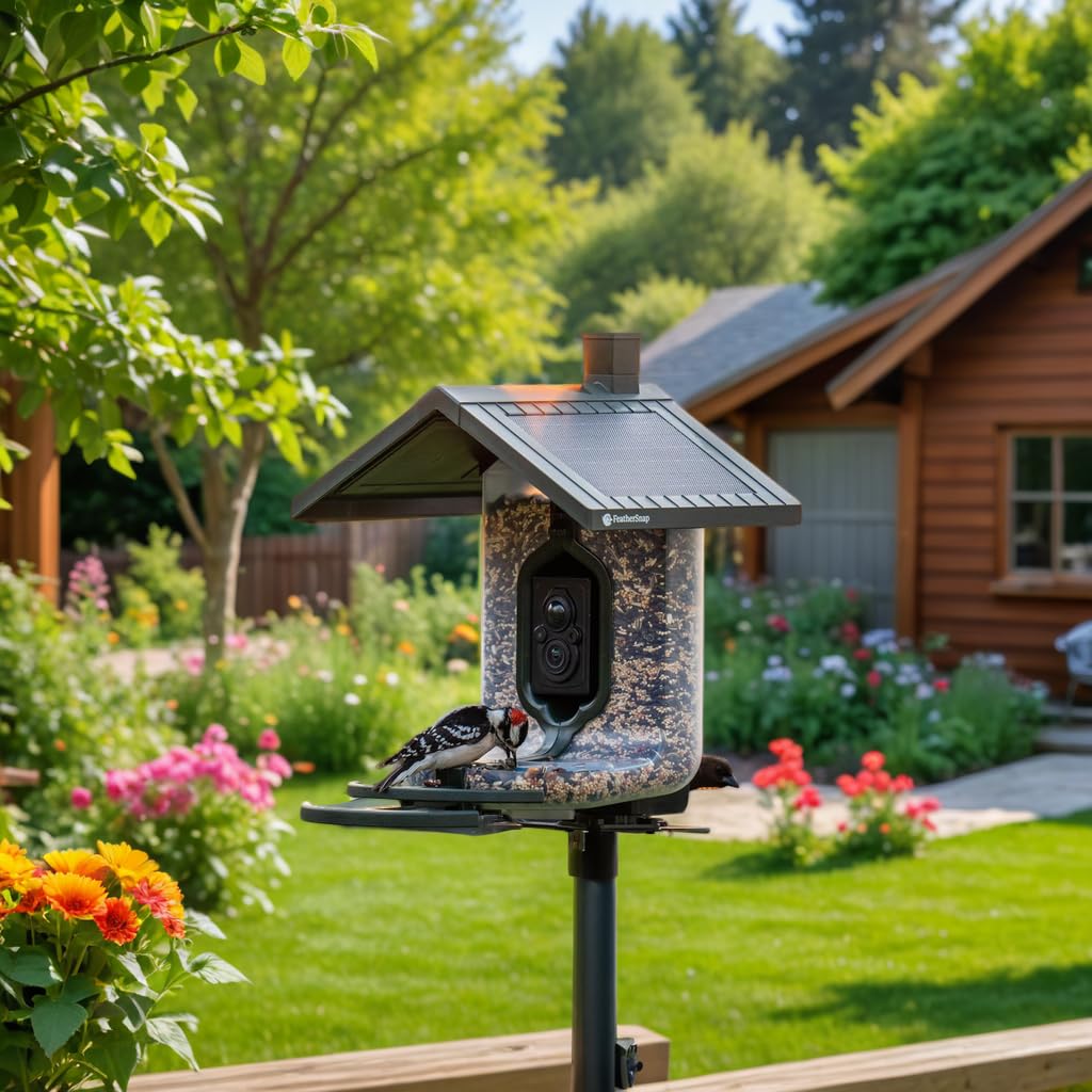 Feathersnap Smart Birdfeeder with AI Identification and Wi-Fi Solar Powered, Captures HD Pictures and Videos Sent Directly to Your Phone (Bird Feeder & Pole)