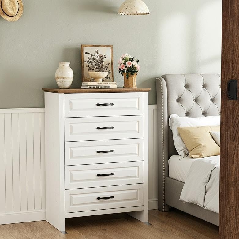 Marsail Farmhouse 5 Drawer Dresser, Wood Chest of Drawers with Natural Texture, Smooth Gliding Drawers, Versatile Storage Organizer Cabinet for Bedroom & Living Room, White and Brown