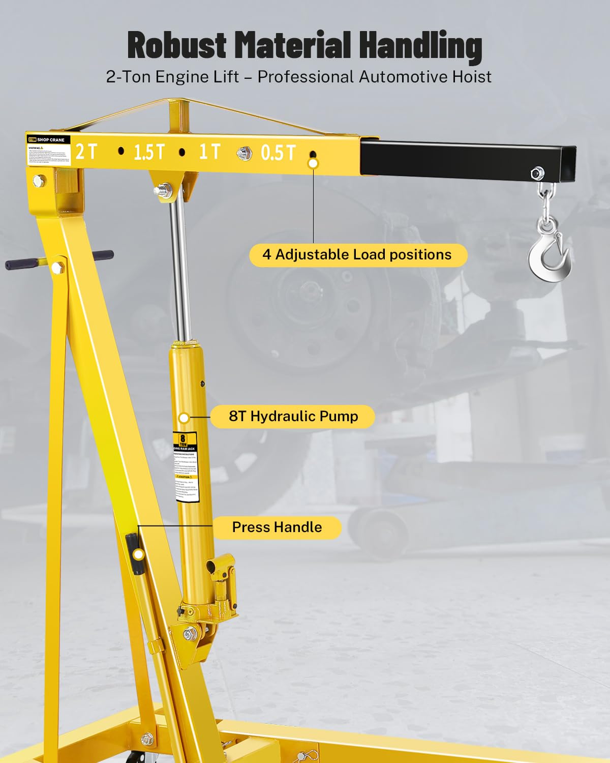 Garvee 2 Ton Engine Hoist Cherry Picker, 4400 Lbs Capacity with 6 Steel Casters & Foldable Design - Heavy-Duty Portable Hydraulic Crane for Truck Engines, Boat Motors, Farm Equipment