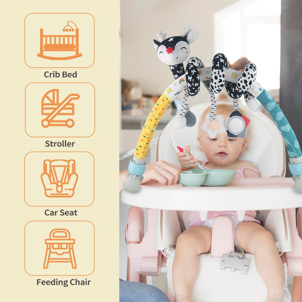 Caterbee Baby Bjorn Bounce Arch Toy bar, Black and White with Stretch & Spiral Hanging Activity Set, Adjustable Clamp for Strollers, Cribs & Car Seats, Includes Rattles, Squeaker & Teether (01)
