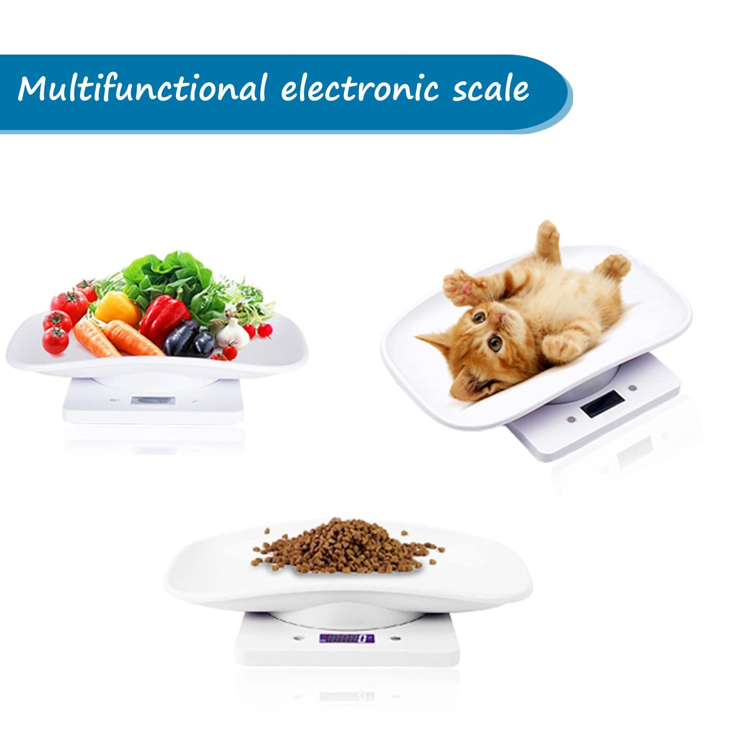 LFGKeng Newborn Kitten & Puppy Weight Scale, Multifunctional Digital Pet Scale, LCD Electronic Small Animal Food Scale, Weighing Max 33lbs, Tray Size 12" x 8", Not for Adult Cats/Dogs (White)