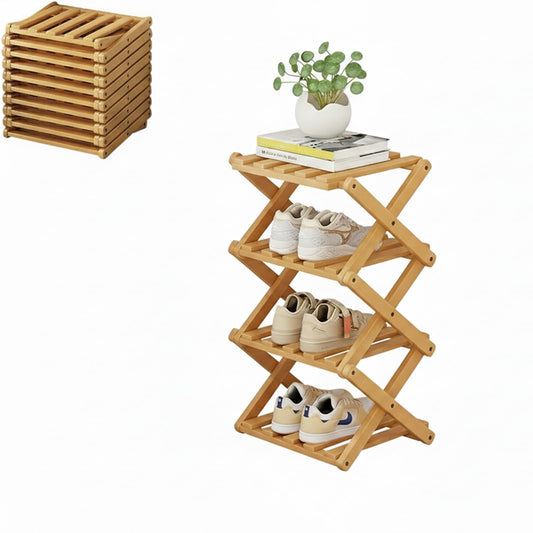 HCAKLBL Foldable Shoe Rack, Bamboo Vertical Shoe Organizer Tall for Small Spaces. Multifunctional Narrow Shoe Shelf for Entryway, Closet, Corner, Bedroom, Hallway, Wood Color 4 Layers