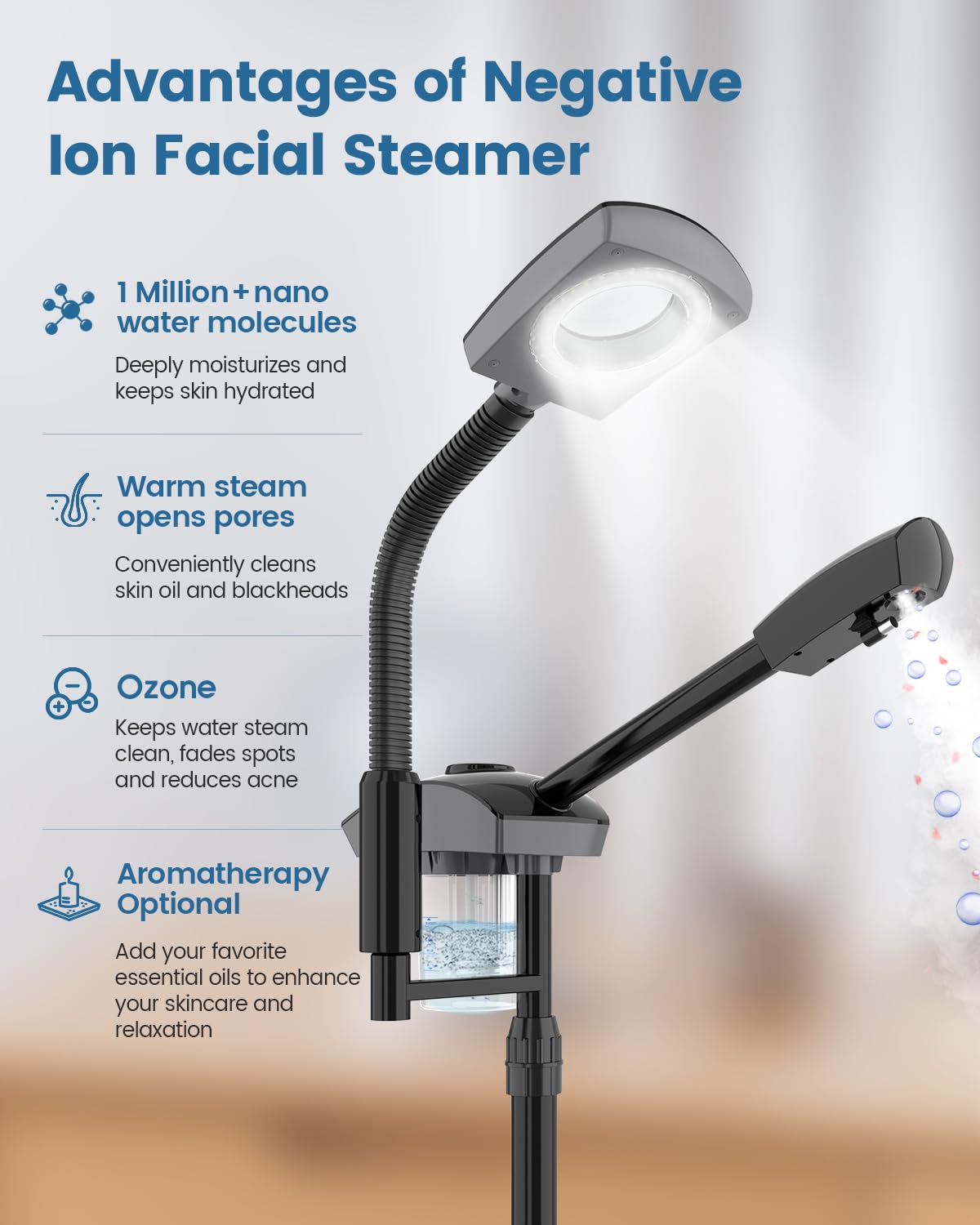 Kingsteam Facial Steamer & 5X Magnifying Lamp Combo, Professional Esthetician Equipment: Adjustable Nano Mist, Deep Pore Cleansing, Blackhead Remover, Acne Treatment Ozone Steamer (60 Min Timer),Black