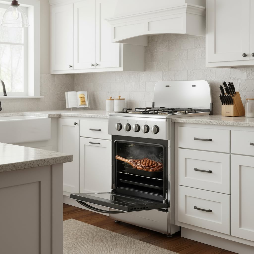 20" Free Standing Gas Stove Oven Range,4 Burner LPG Cooktop with 65L Oven, 201 Stainless Steel Body, Double Layer Mirror Surface Tempered Glass Door, Compact Design for Kitchen (LPG)
