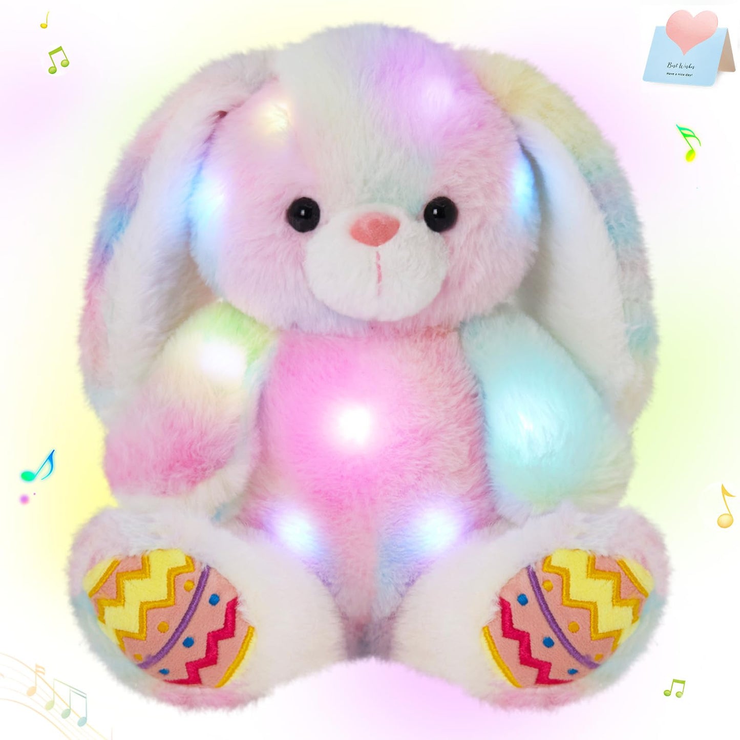 Glow Guards Easter Plush Bunny Stuffed Animal, Musical Light up Rainbow Stuffed Bunny, Singing Rabbit Stuffed Animal Toy with Floppy Ear Bunny Easter Gifts Bedtime Friend for Baby Girls Boys Kids, 10"