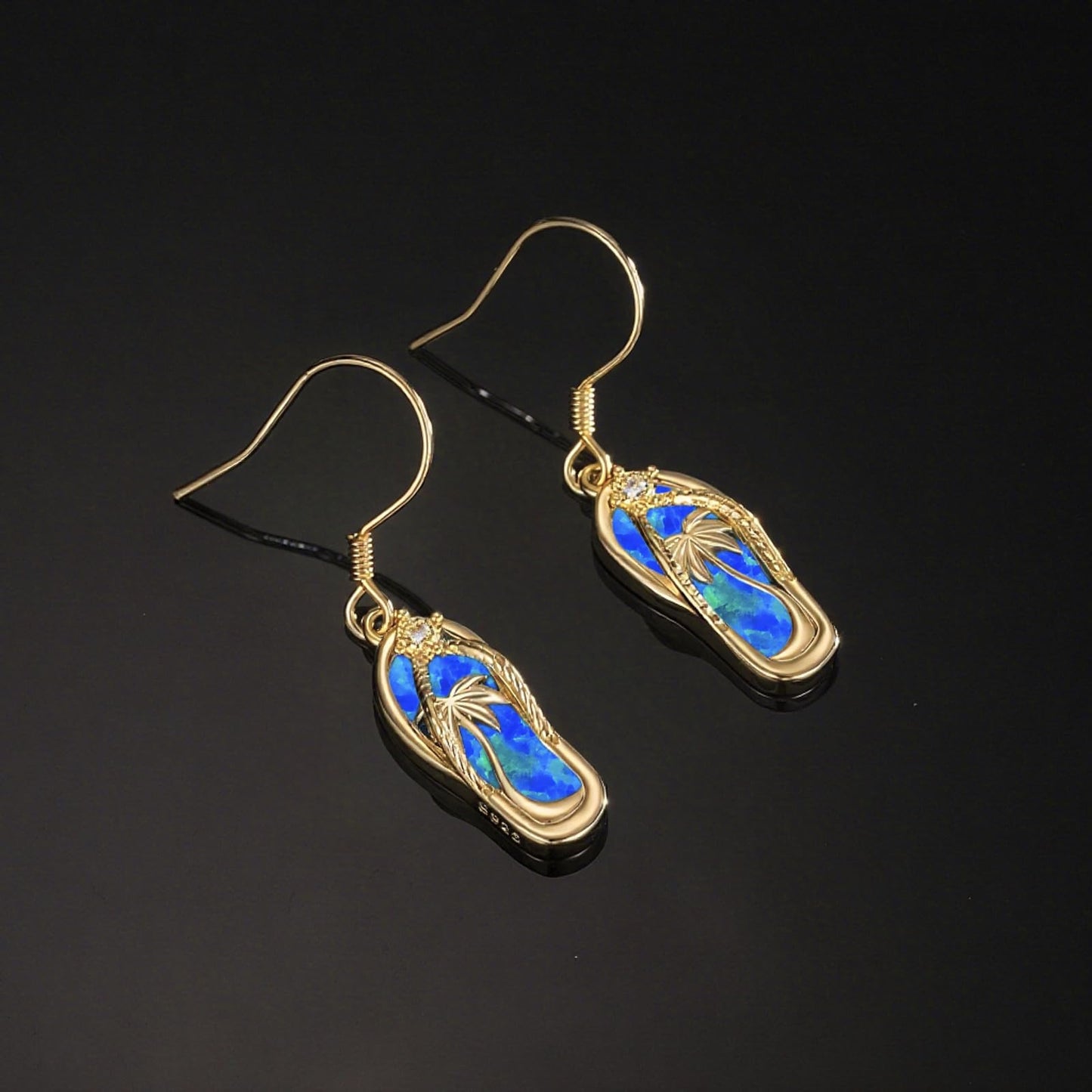 Midir&Etain 14K Gold Plated Beach Themed Jewelry – Blue Opal Flip Flops Necklace and Earrings