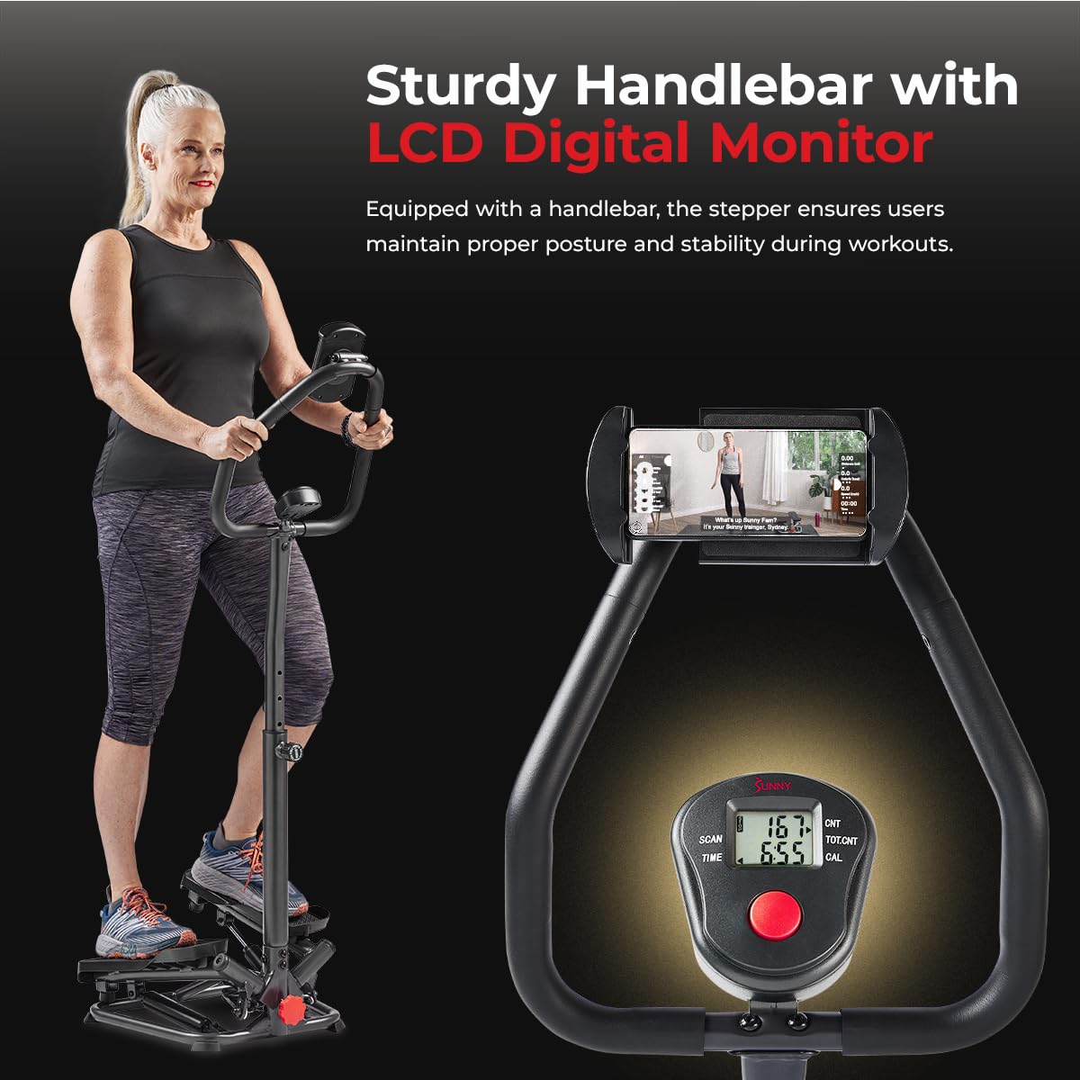 Sunny Health & Fitness Smart Twist Stair Stepper Machine with Handlebar, Space Saving, Connected Fitness with SunnyFit App – SF-S020027SMART
