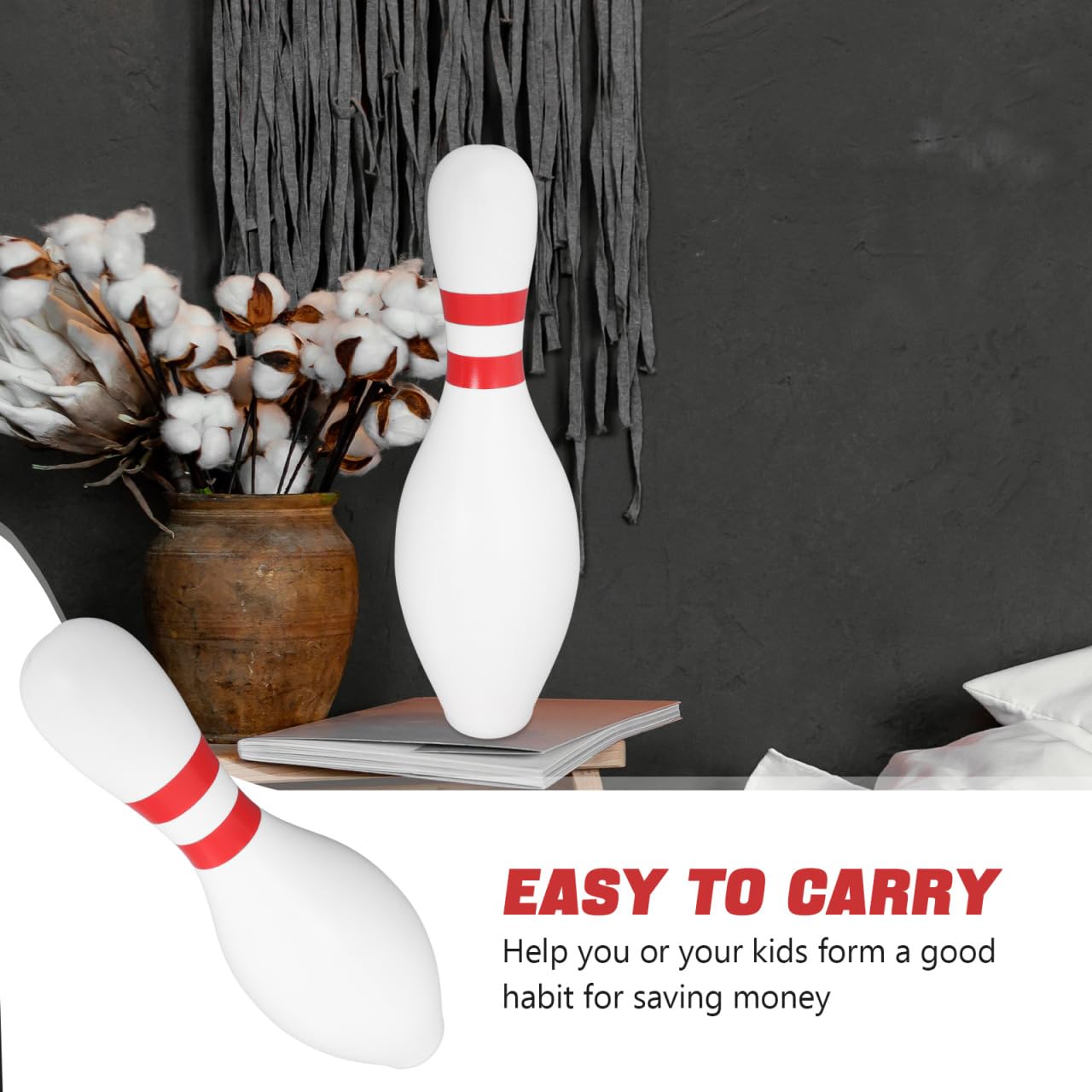 15 Inch Bowling Pin Piggy Bank for Kids, Large White Plastic Money Saving Jar, Unbreakable Coin Holder for Sports Theme Room Decor & Birthday Souvenir