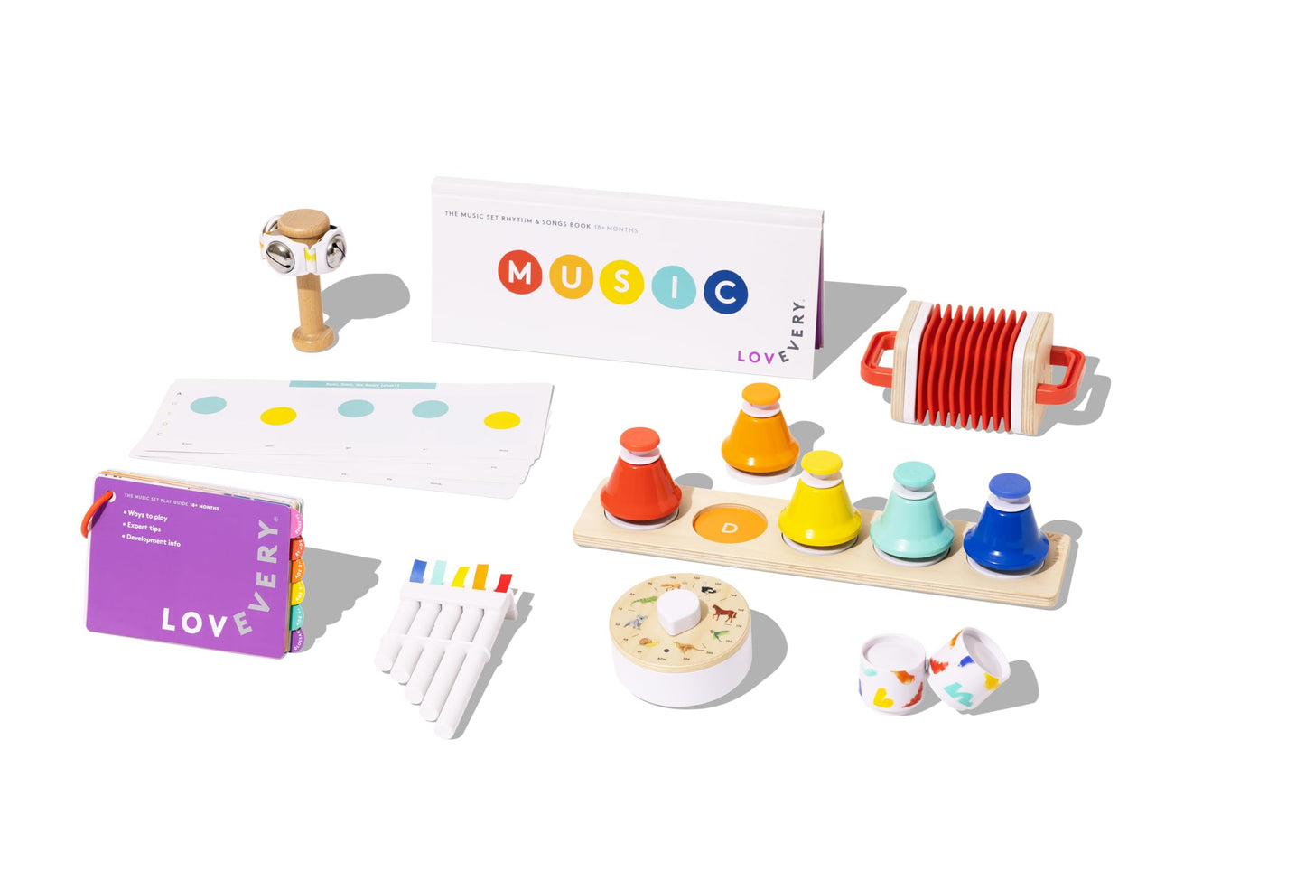 Lovevery | The Block Set | Solid Wood Building Blocks and Shapes + Wooden Storage Box, 70 Pieces & The Music Set | 6 Instruments and Rhythm & Songs Book, Toddler and Kids Music Toys