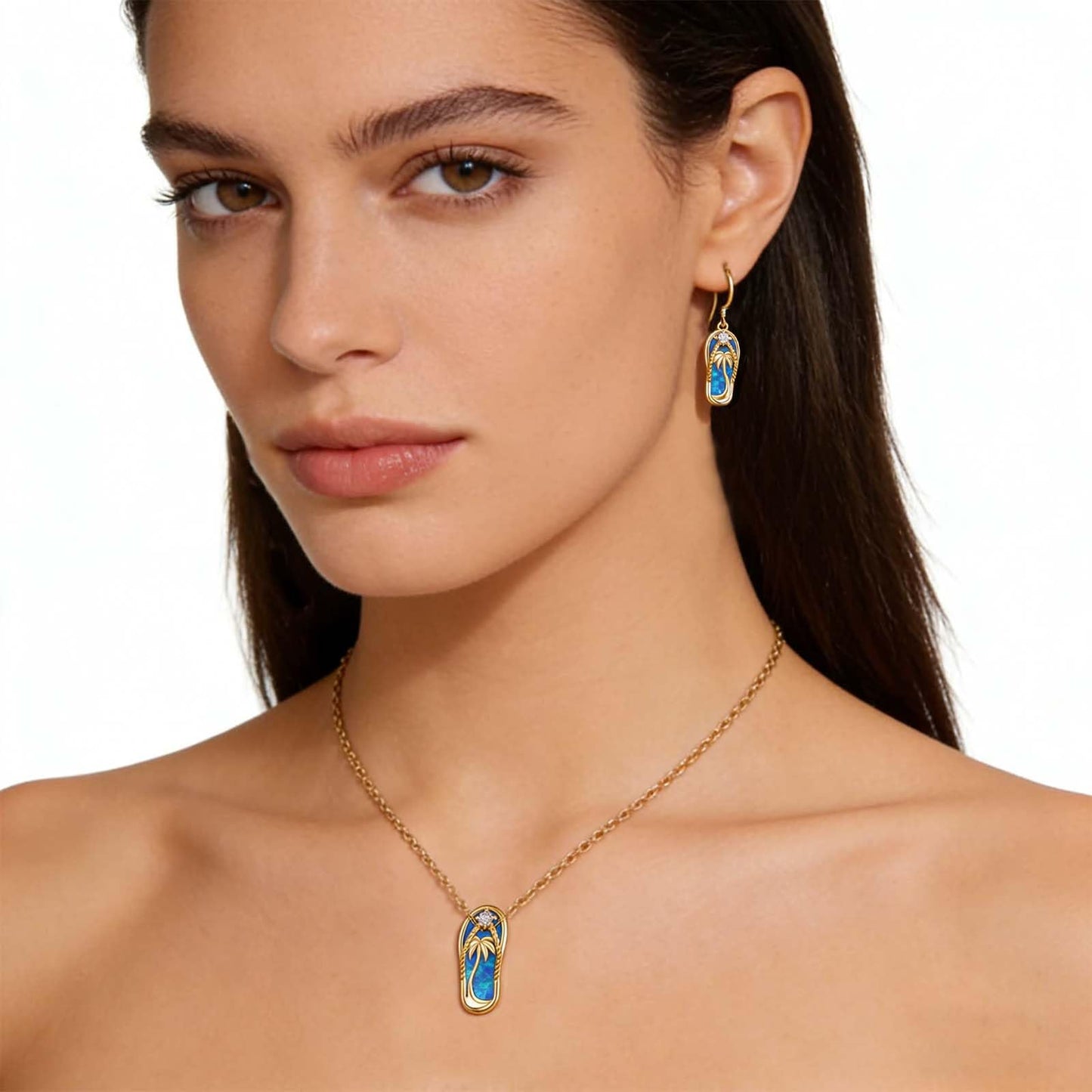Midir&Etain 14K Gold Plated Beach Themed Jewelry – Blue Opal Flip Flops Necklace and Earrings
