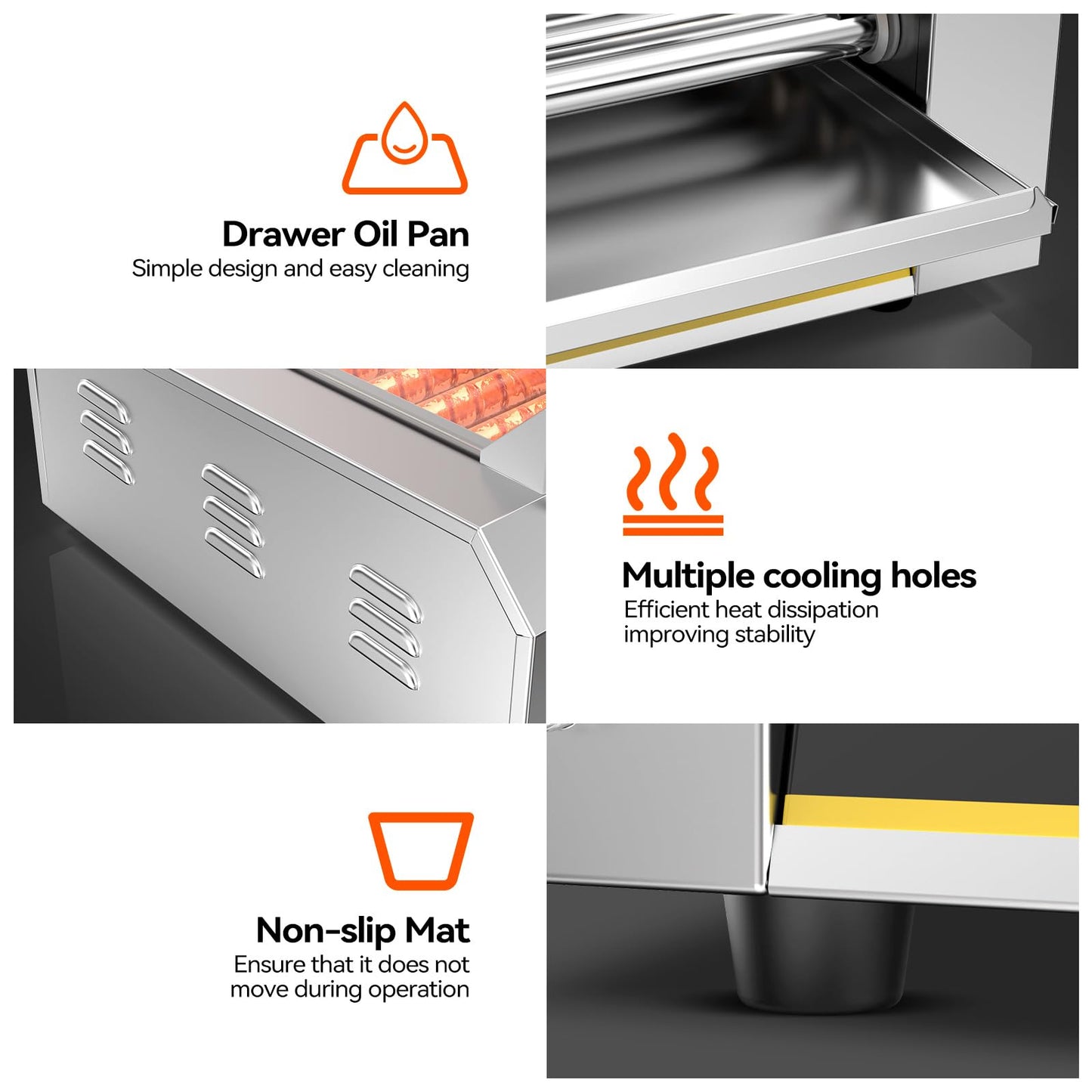 BOOROS Hot Dog Roller Grill 9 Roller Sausage Grill Cooker Machine with Heating Lamps &Tempered Glass, Dual Temp Control,304 Stainless Steel Rollers, 24 Hot Dogs Capacity,Commercial & Home Use,1400W