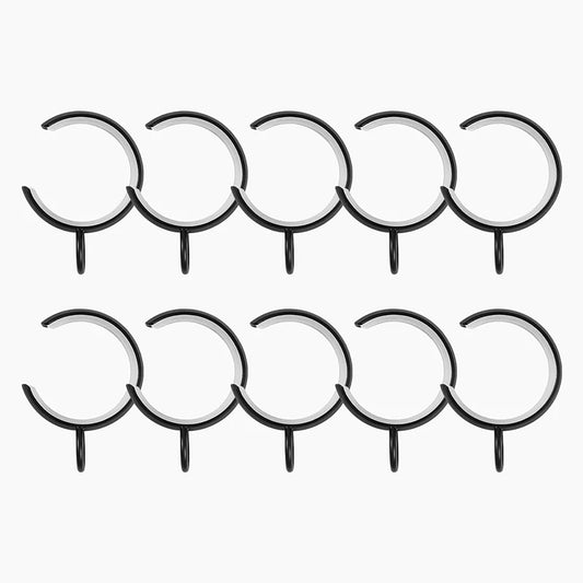TWOPAGES 10 Pcs C Shaped Bypass Curtain Rings for French Return Rods, Black Heavy Duty Iron Passing Drapery Rings with Eyelets, Glide Smoothly Over Center Brackets, Matte Black