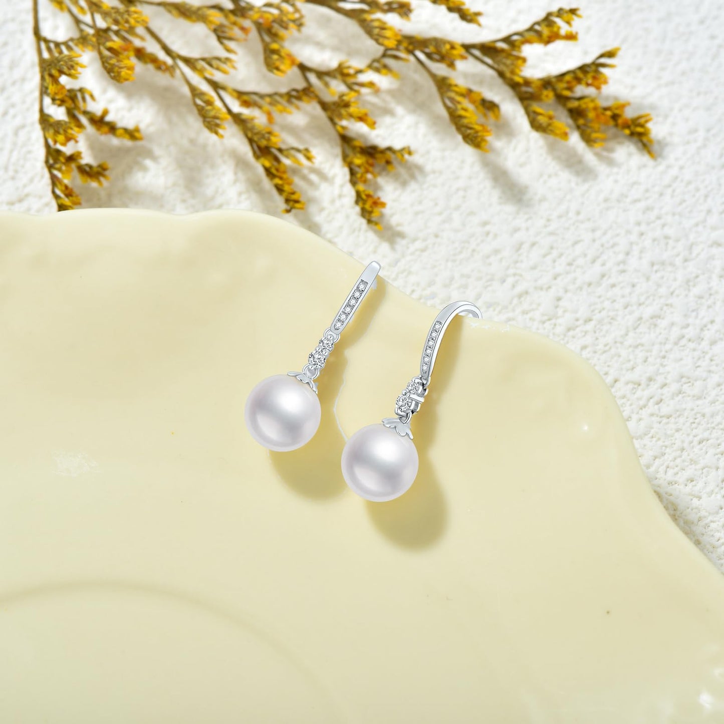 10k White Gold Diamond Pearl Necklace and Earrings Set for Women