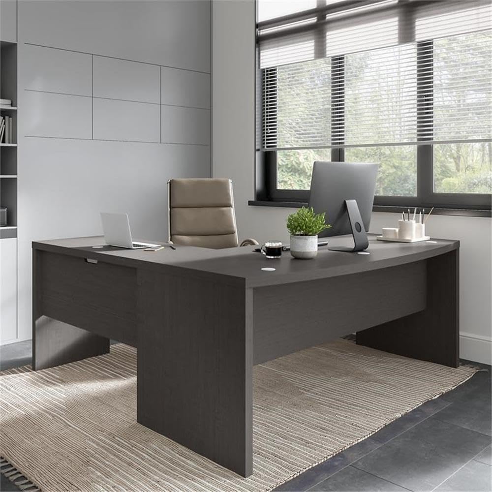Bush Business Furniture Echo 72W Bow Front L Shaped Desk in Charcoal Maple