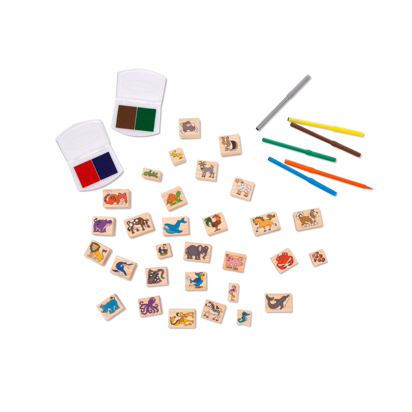 Melissa & Doug Deluxe Wooden Stamp Set: Animals - 30 Stamps, 6 Markers, 2 Stamp Pads Kids Art Projects, Wooden Stamps with Washable Ink, for Kids Ages 4+