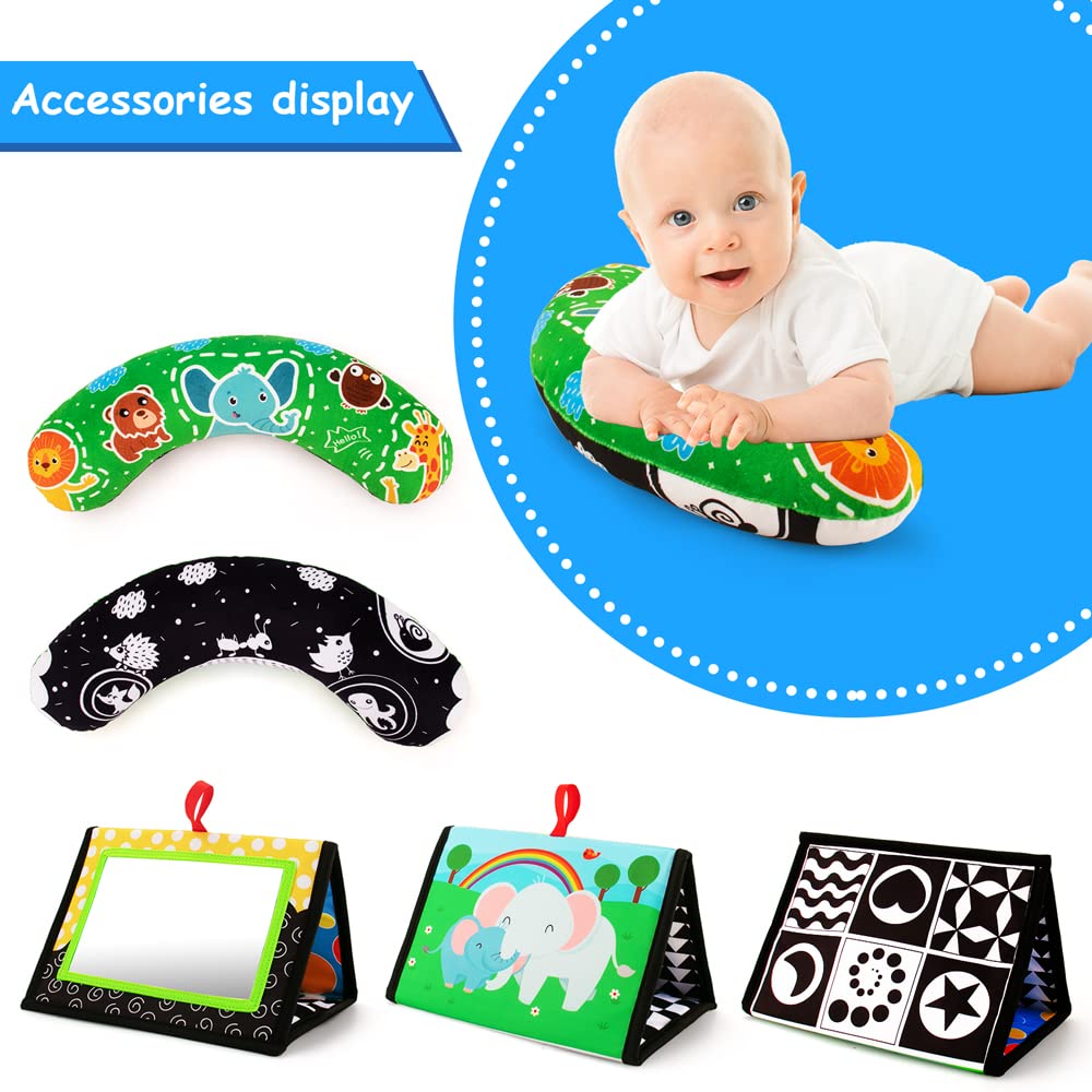 Inbeby Tummy Time Mirror & Play Mat & Pillow 3-in-1, High Contrast Black and White Baby Toys, Activity Mat for Early Education, Newborn Infant Tummy Time Toy Set for 0 3 6 12 Month Crinkle/Squeake