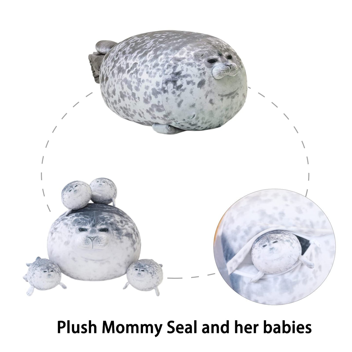 SQEQE Chubby Seal Pillow Plush with 4 Baby Seal Plushies in Her Tummy, Stuffed Cotton Plush Animal Toy for Kids and Adult Gift
