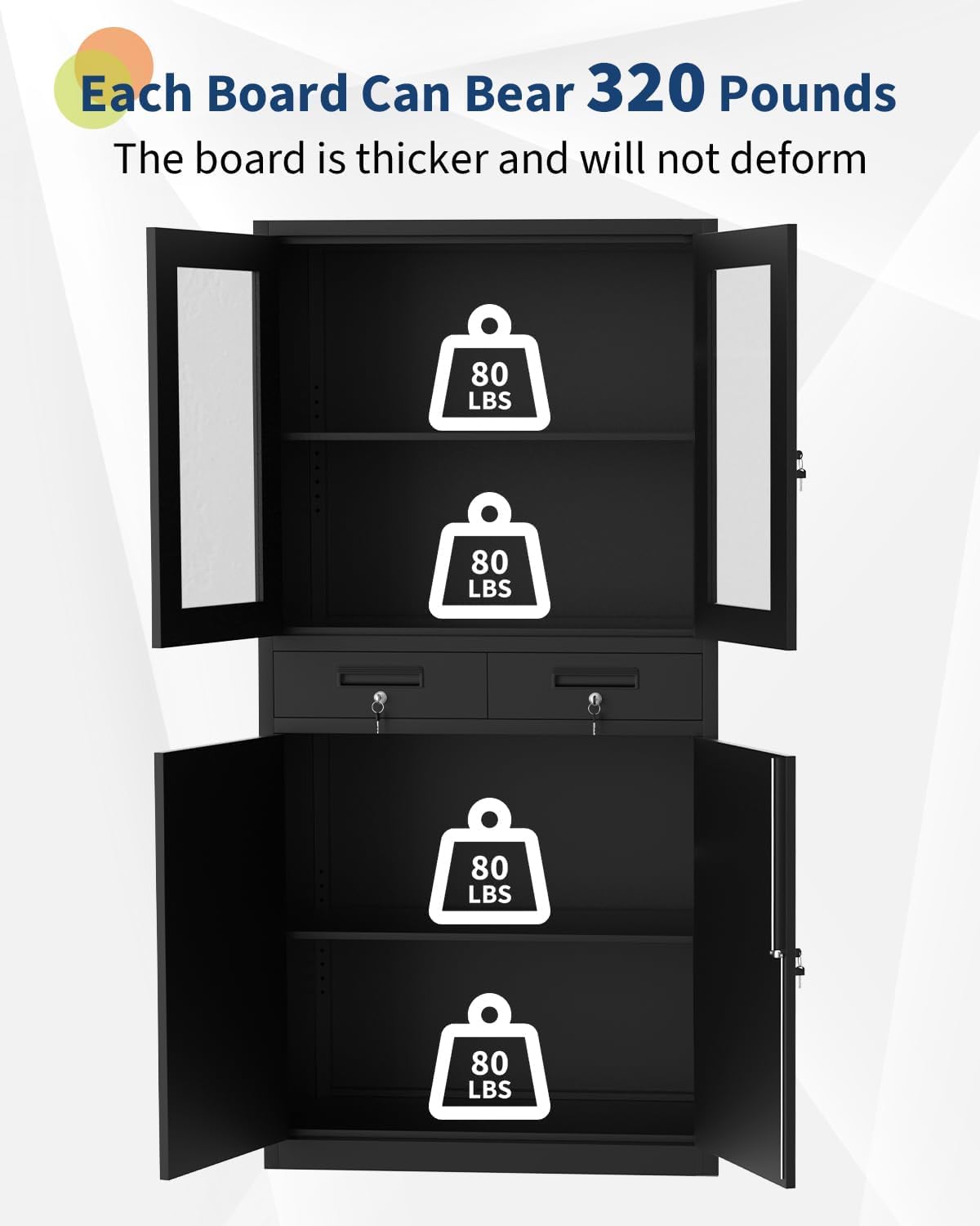 KOKEBREN 71" Black Metal Storage Cabinet w/Glass Doors | 2 Drawers + 2 Adjustable Shelves, Lock Feature | for Garage, Home Office Organization