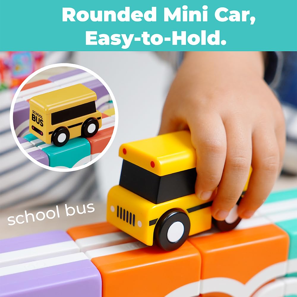 QBI STEM All-in-1 Toy Set with 5 Cars & 3D Tracks | Open Ended Educational Sensory Magnet Cubes | Montessori Toys, Magnetic Building Blocks for Boys & Girls (49 Pieces)